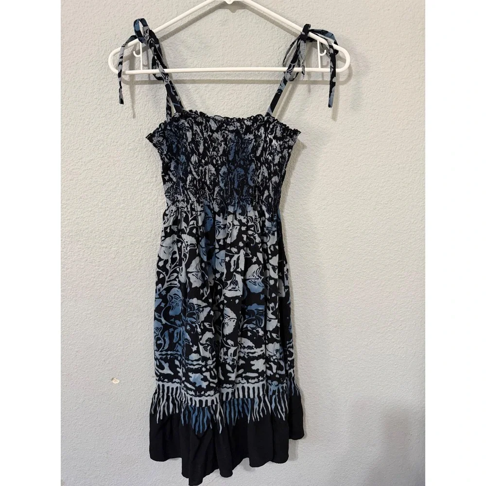 Girls Dress M Blue Black Floral Batik Smocked Tie Shoulder Summer Sun Festival